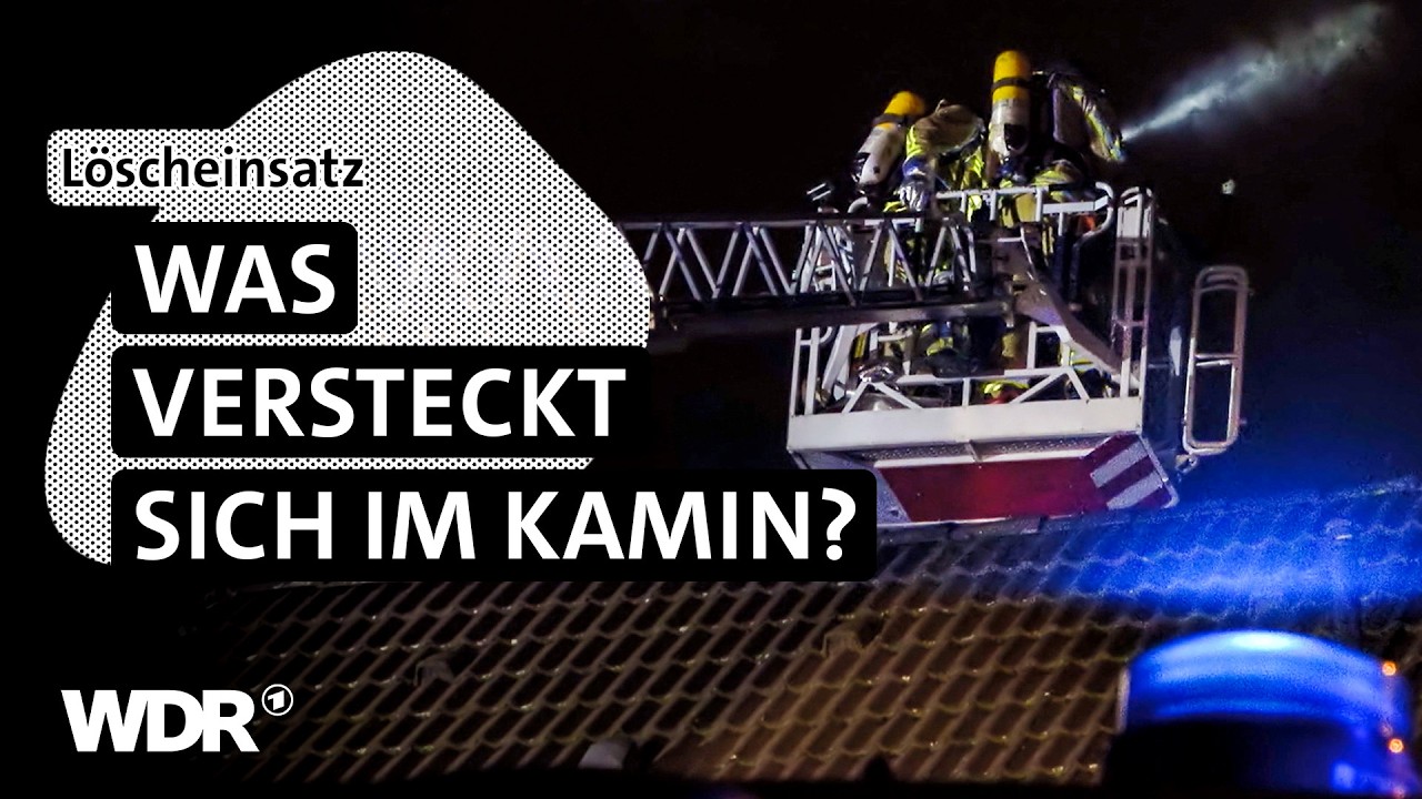 Feuerwehrleute im Drehleiterkorb bei einem Kaminbrand – Kaminkehrerwerkzeug im Einsatz