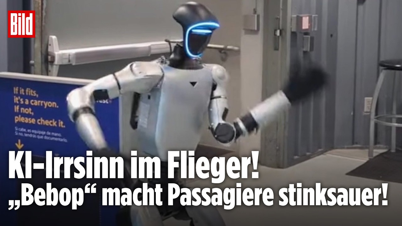 Roboter Bibob sitzt als Passagier im Flugzeug auf einem Sitzplatz – Roboter im Flugzeug sorgt für Verspätung