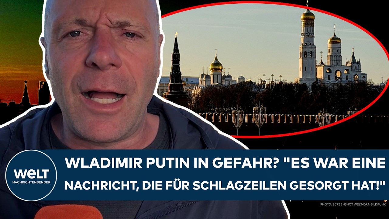 Porträt von Wladimir Putin vor dem Kreml – Spekulationen über einen Putsch in Moskau