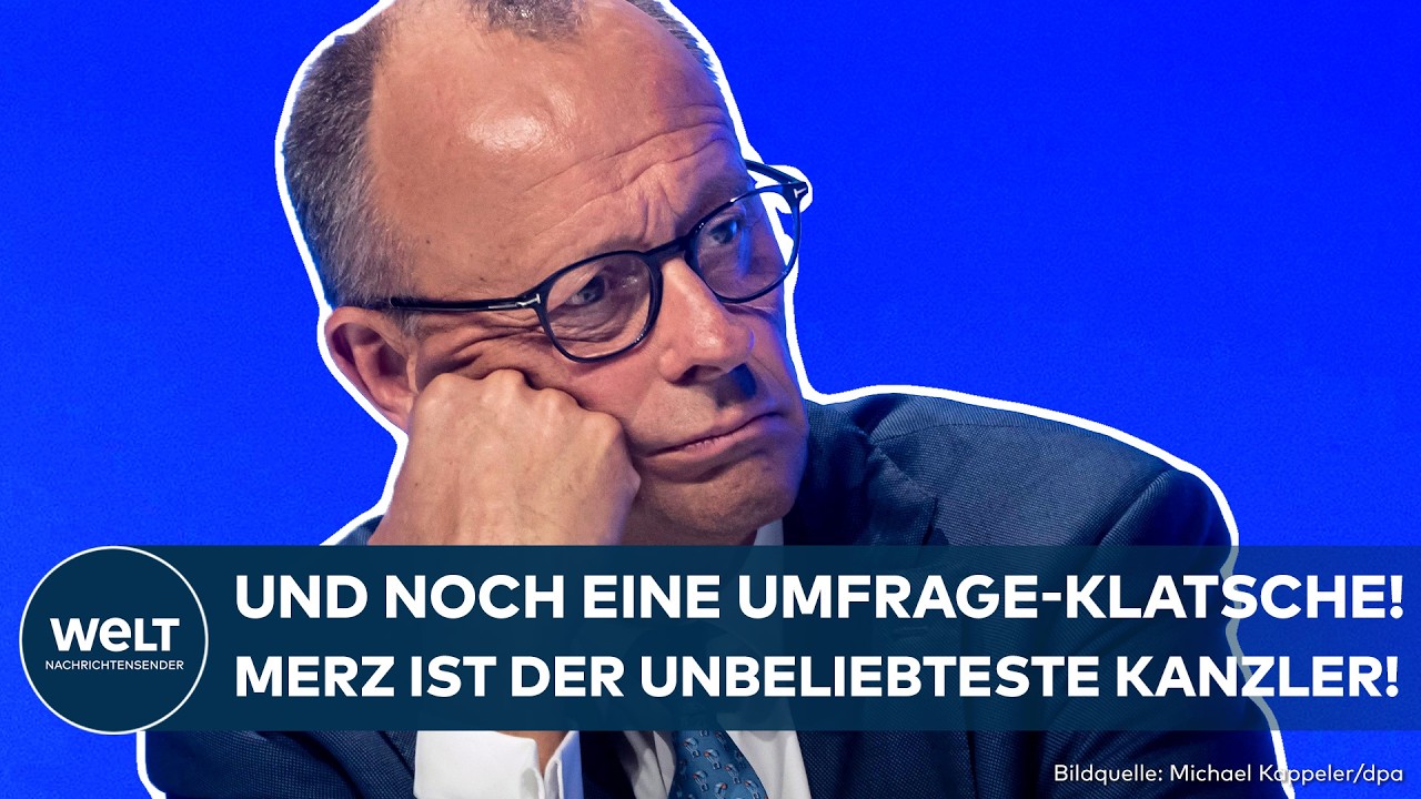 Bundeskanzler Friedrich Merz am Rednerpult – Merz Umfrage zeigt historischen Zustimmungstiefstand
