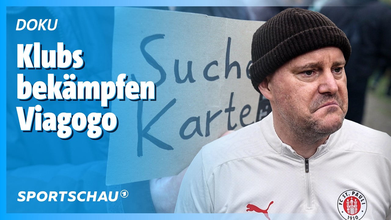 Fans stehen vor einem Fußballstadion, im Vordergrund ein Smartphone mit einem Ticket-Zweitmarkt-Angebot von Via Gogo