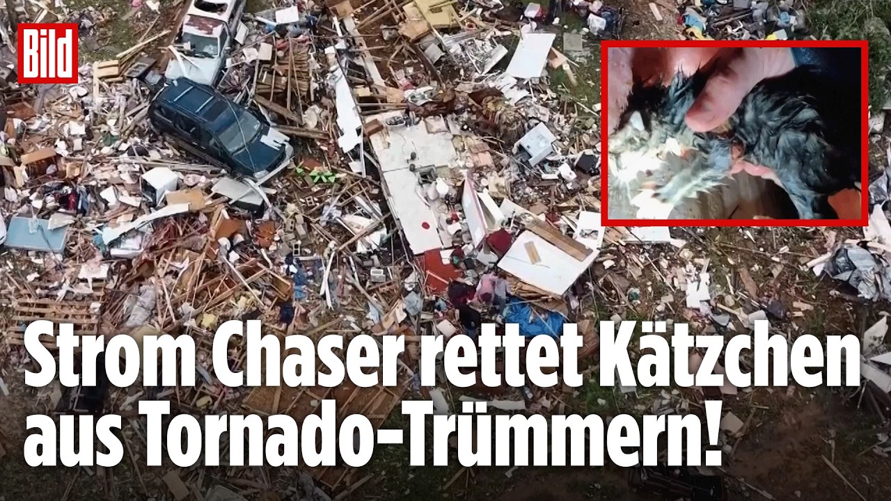 Tornado Mississippi – Stormchaser hält gerettete Babykatze nach Tornado in Mississippi in den Händen, Trümmer eines Wohnwage…
