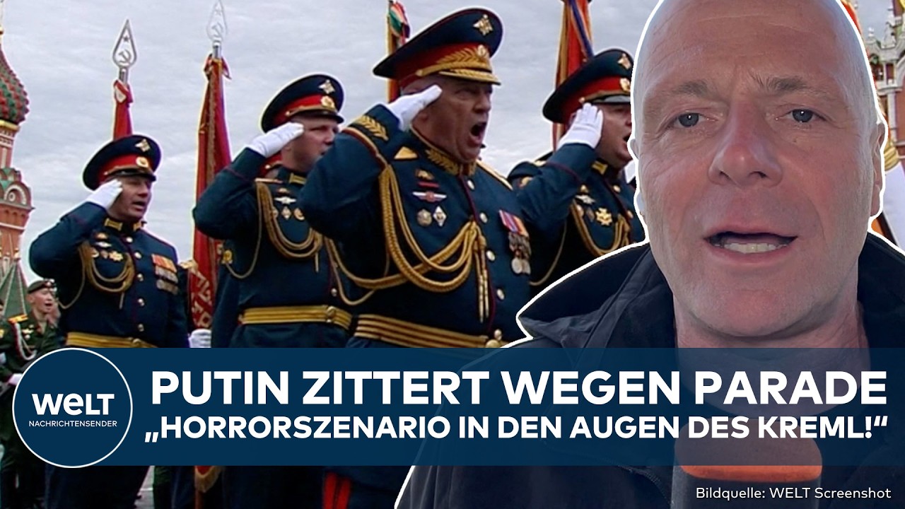 Militärparade Moskau auf dem Roten Platz mit Soldaten und russischen Fahnen, ohne schwere Kriegstechnik