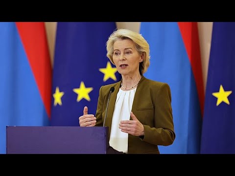 Zolldrohung Trump EU – EU-Kommissionspräsidentin Ursula von der Leyen bei einer Pressekonferenz zur Zolldrohung Trump gegen …