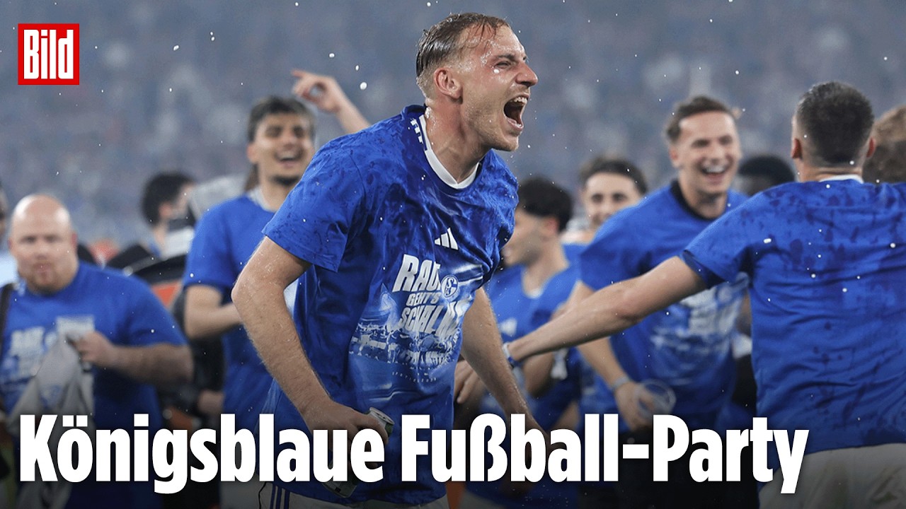Jubelnde Schalke-04-Spieler feiern den Schalke 04 Aufstieg in die Bundesliga auf dem Spielfeld