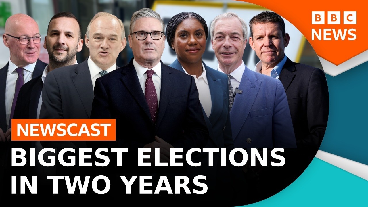 Wahlplakate verschiedener britischer Parteien vor der Kommunalwahl Großbritannien 2025 an einer Straße