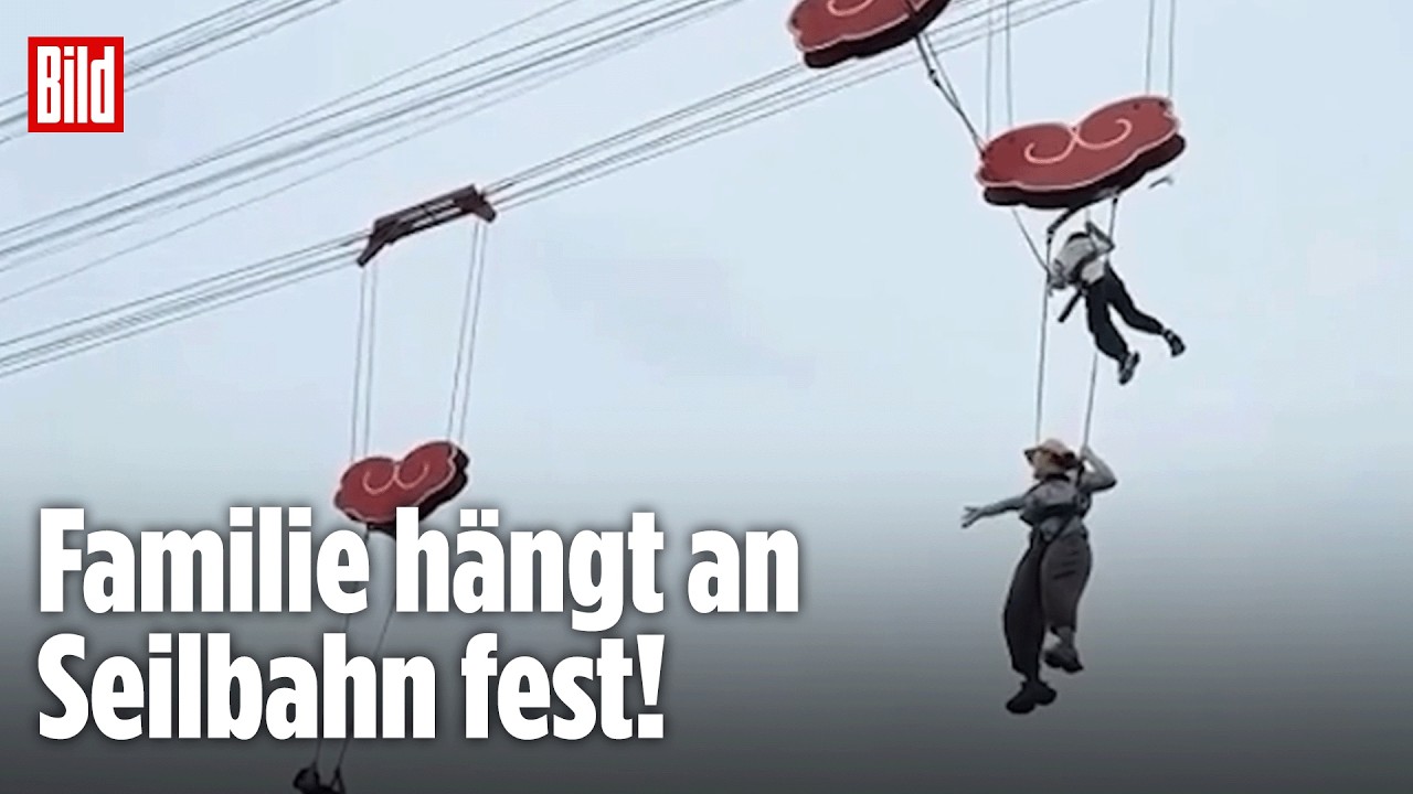 Seilbahn-Panne – Seilbahn-Gondel hängt in mehreren Metern Höhe nach einer Panne mit verhedderten Kabeln