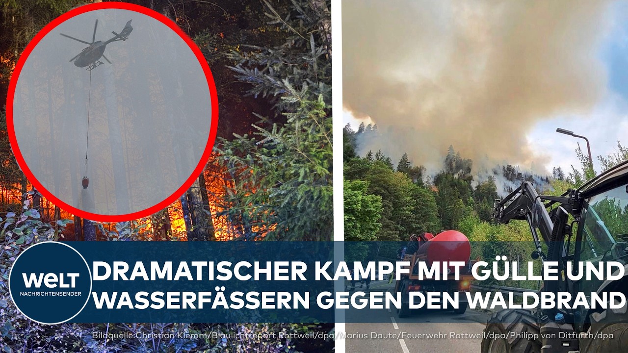 Feuerwehrkräfte bekämpfen den Waldbrand Schramberg im steil abfallenden Waldgelände bei Rottweil