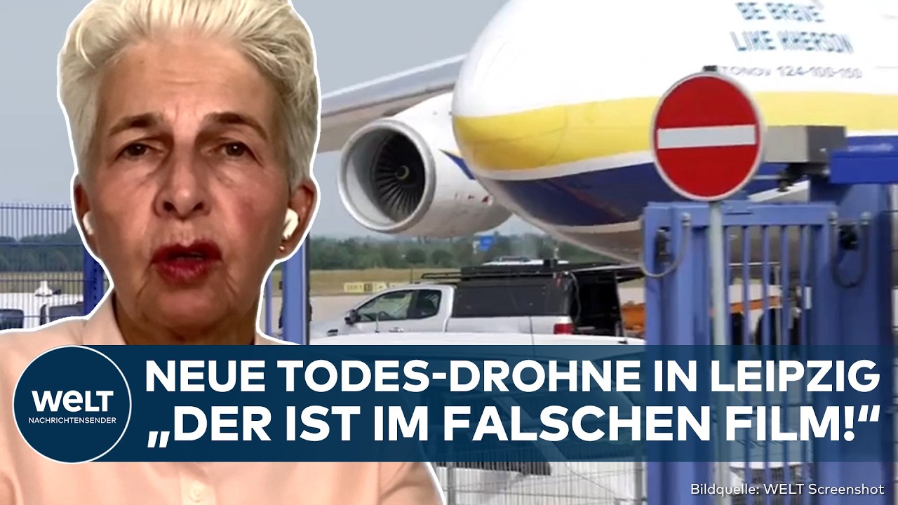 Sicherheitskräfte sichern eine Sprengstoffdrohne am Flughafen Leipzig-Halle beim Drohnenanschlag Leipzig