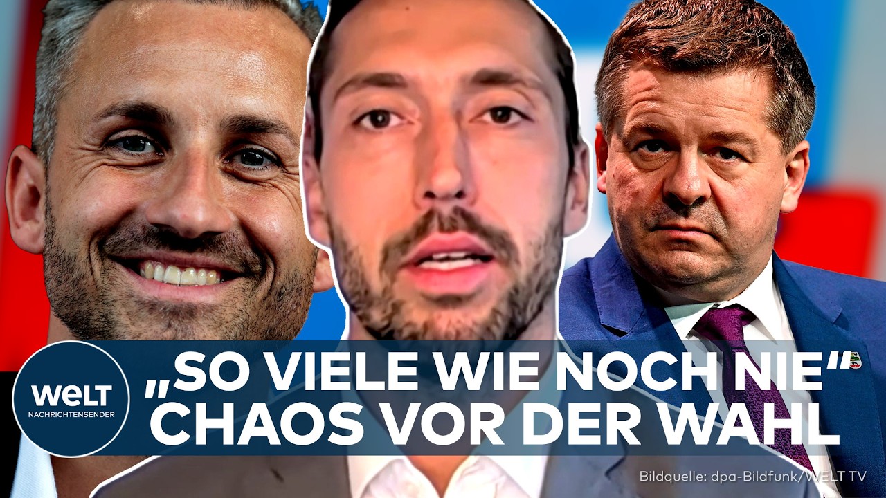 Blick auf das Rathaus in Stendal vor der Landtagswahl Sachsen-Anhalt mit Wahlplakaten verschiedener Parteien