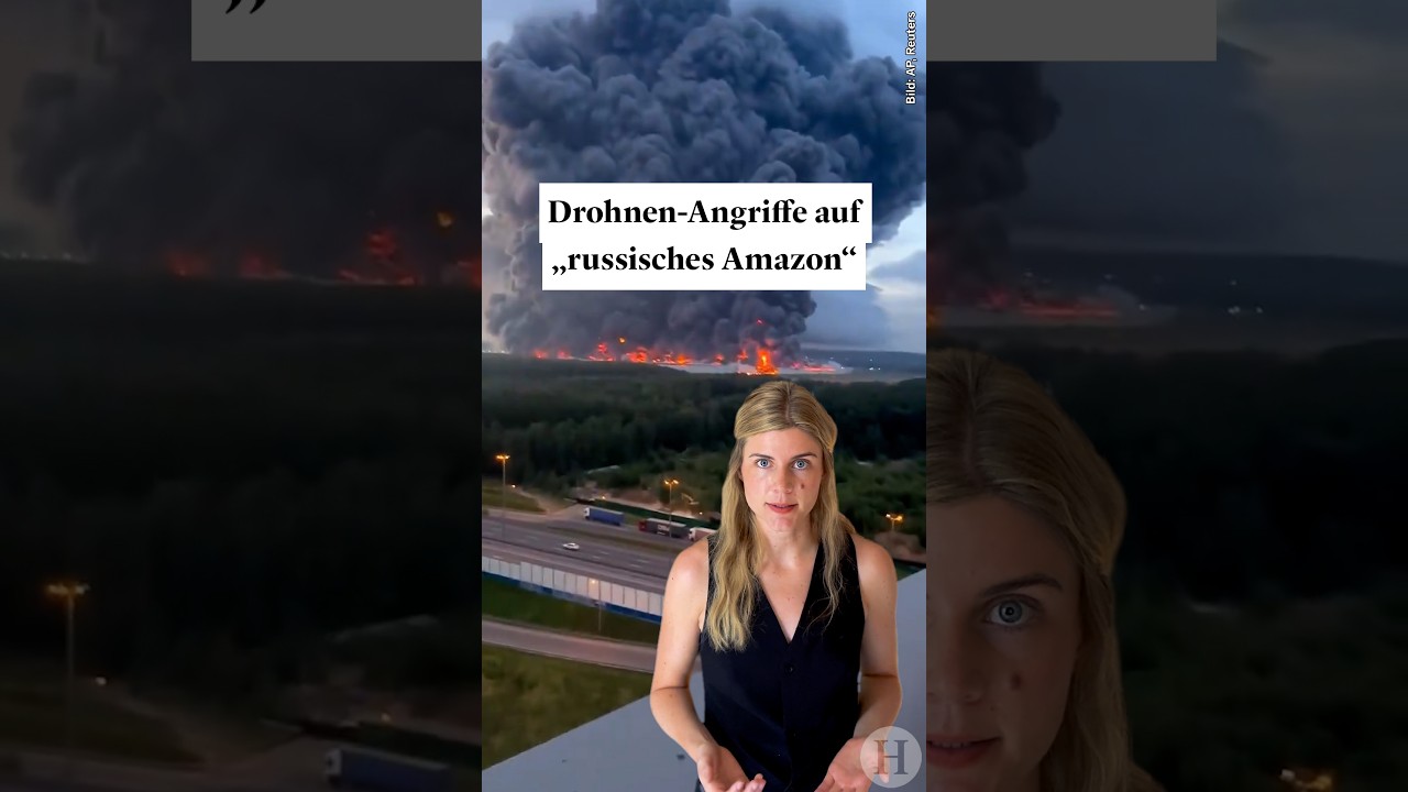 Drohnenangriff Wildberries – Drohnenangriff auf ein Logistikzentrum von Wildberries, dem russischen Amazon, mit Feuerschein …