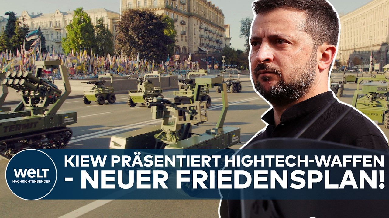 Ukraine Friedensplan – Ukrainische Drohnen und Roboter bei der Militärparade zum Unabhängigkeitstag – Symbol für den Ukraine…