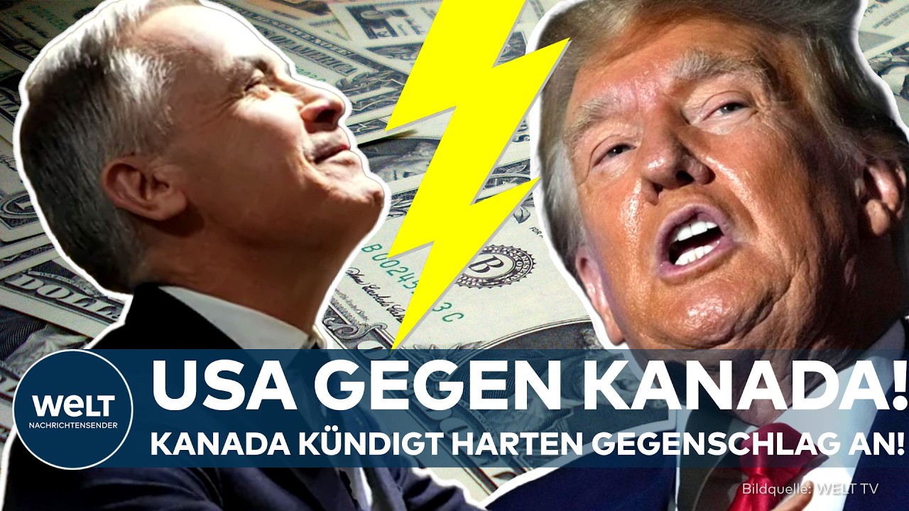 Kanadas Premier McAney und US-Flagge symbolisieren den Zollstreit USA Kanada mit 50-Prozent-Zöllen