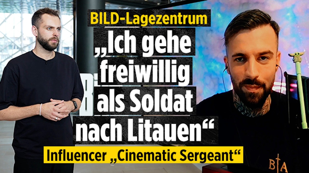 Panzerkommandant Joshua Krebs alias Cinematic Sergeant vor einem Bundeswehr-Panzer – Brigade Litauen