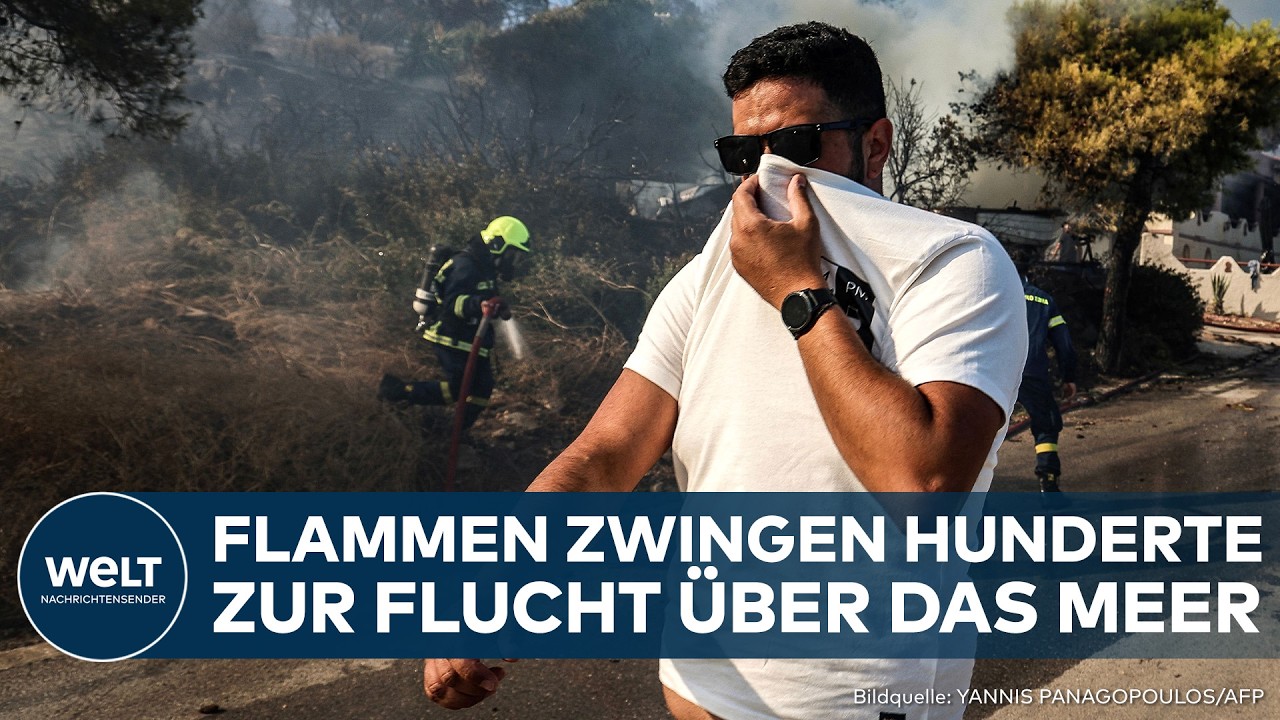 Waldbrand Salamis – Waldbrand auf der griechischen Insel Salamis – Flammen und Rauch nahe Wohngebieten bei Athen