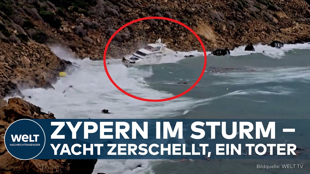 Felsige Küste nahe Kap Greco auf Zypern nach Sturm – Sturm Zypern mit zerschellter Yacht und Rettungseinsatz