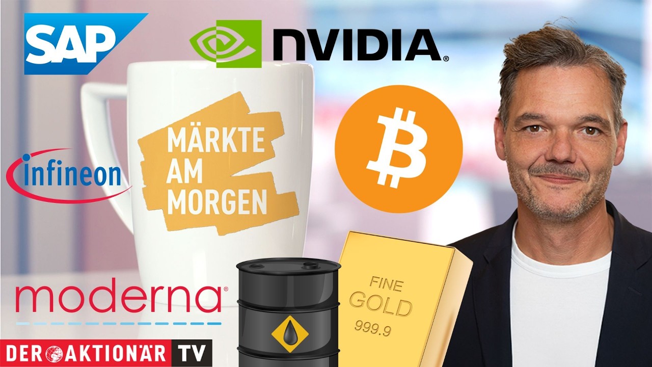 Marktausblick Börsenwoche – Börsenkurse auf digitalem Bildschirm – Marktausblick mit Nvidia, Gold und Bitcoin im Fokus