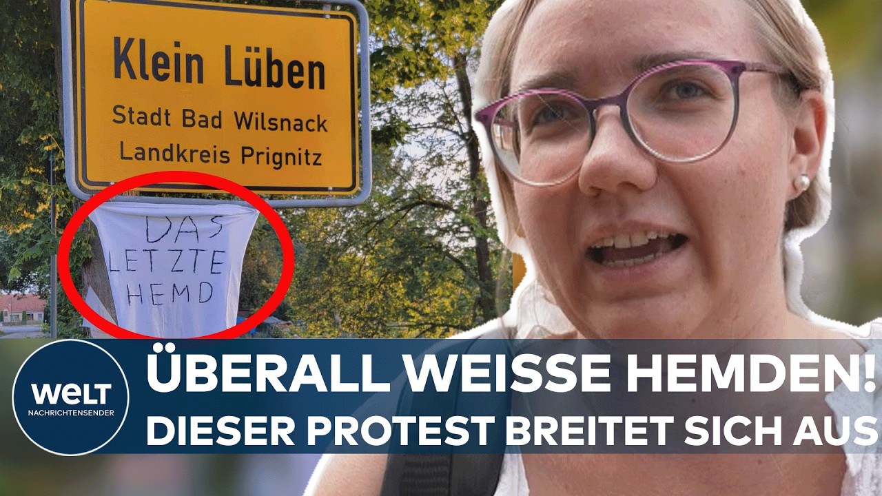 Weißes Hemd hängt an einem Ortsschild als Symbol des Weiße Hemden Protests gegen die Bundesregierung