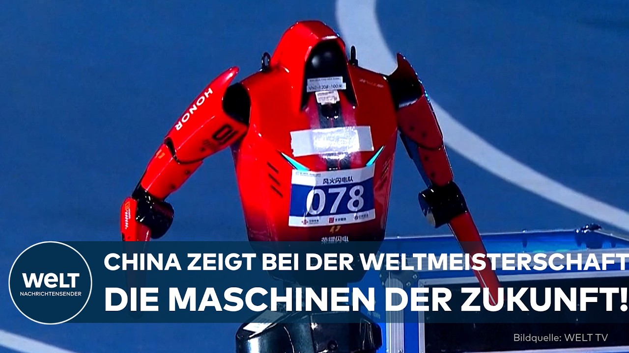 Humanoider Roboter bei der World Humanoid Robot Games in Peking beim Sprint-Wettkampf