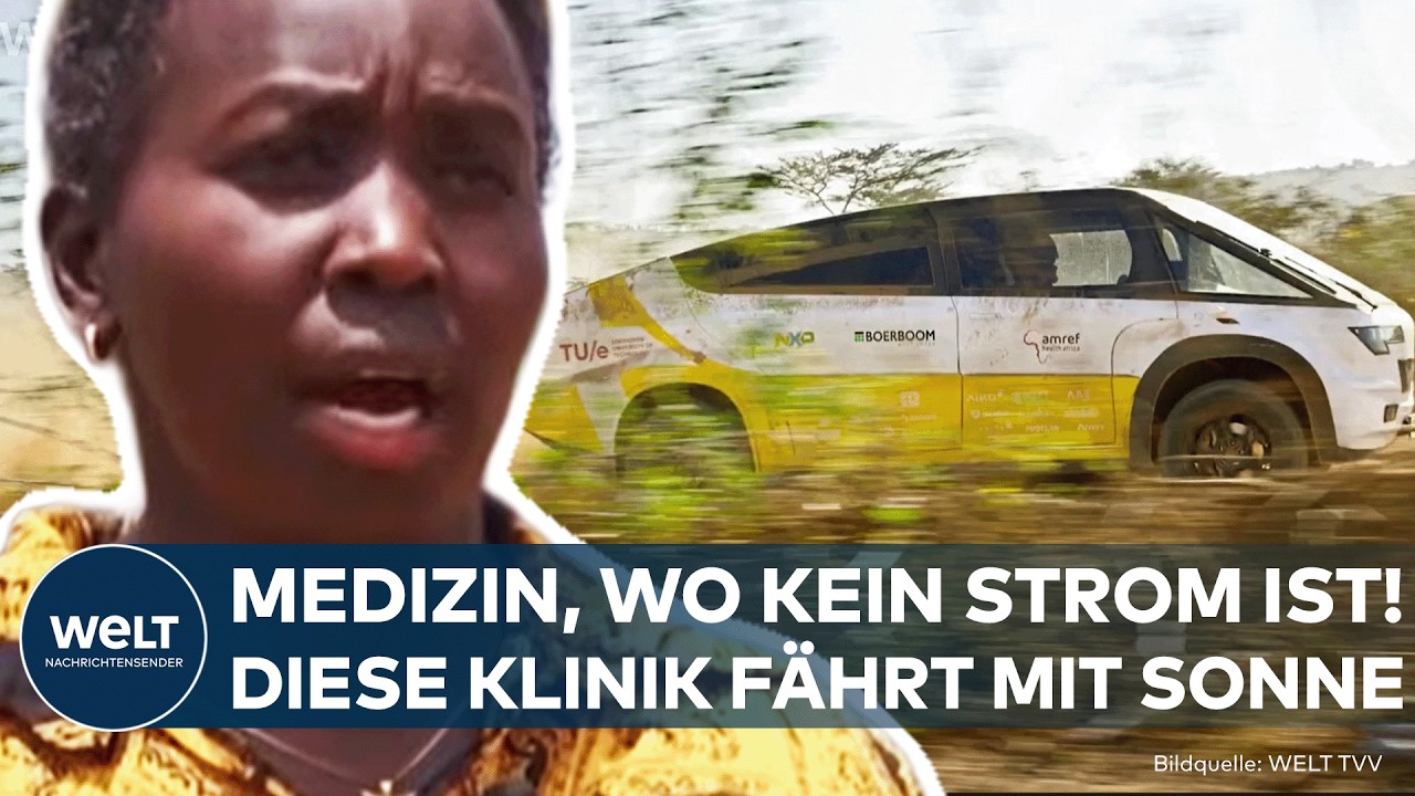 Die mobile Solarklinik Stella Juva mit Sonnenkollektoren auf dem Dach fährt durch die kenianische Savanne