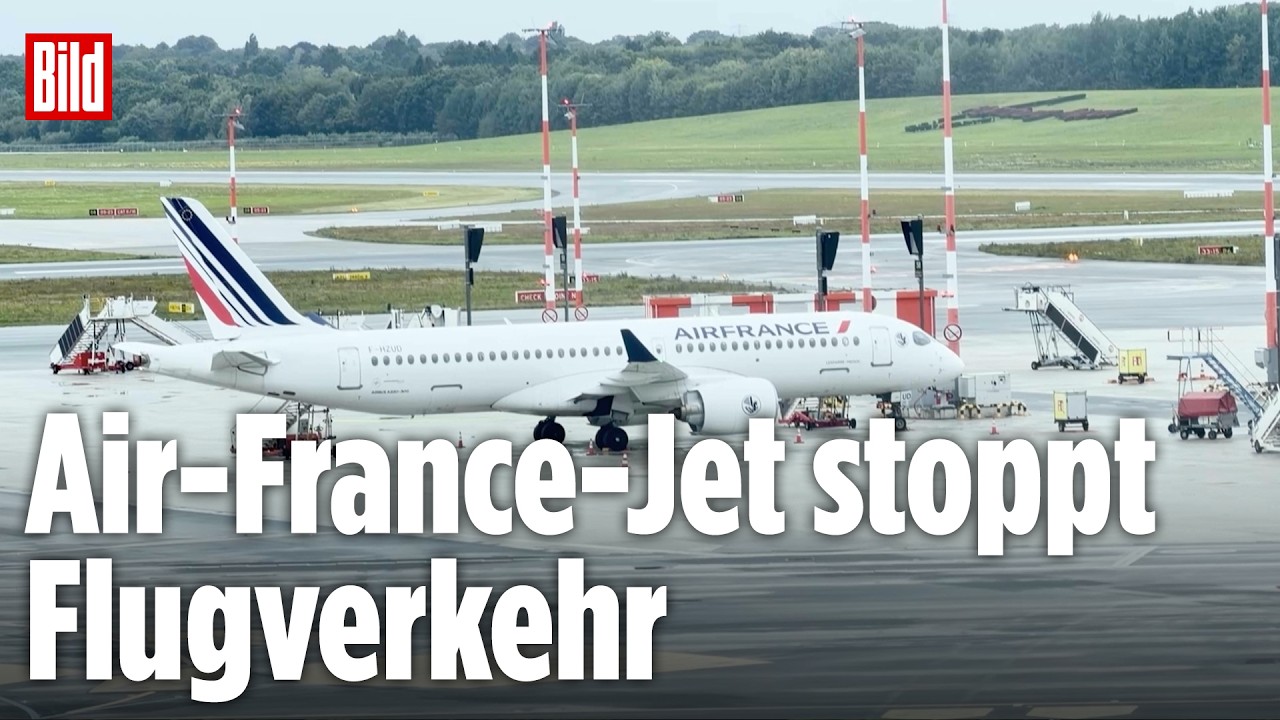 Notlandung Hamburg – Feuerwehrfahrzeuge stehen neben einem Air-France-Airbus A220 nach einer Notlandung am Hamburger Flughaf…