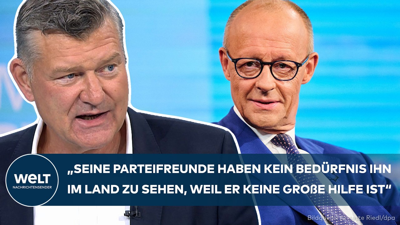 Friedrich Merz Sommerinterview – Bundeskanzler Friedrich Merz beim Sommerinterview, ernster Gesichtsausdruck vor Kameras