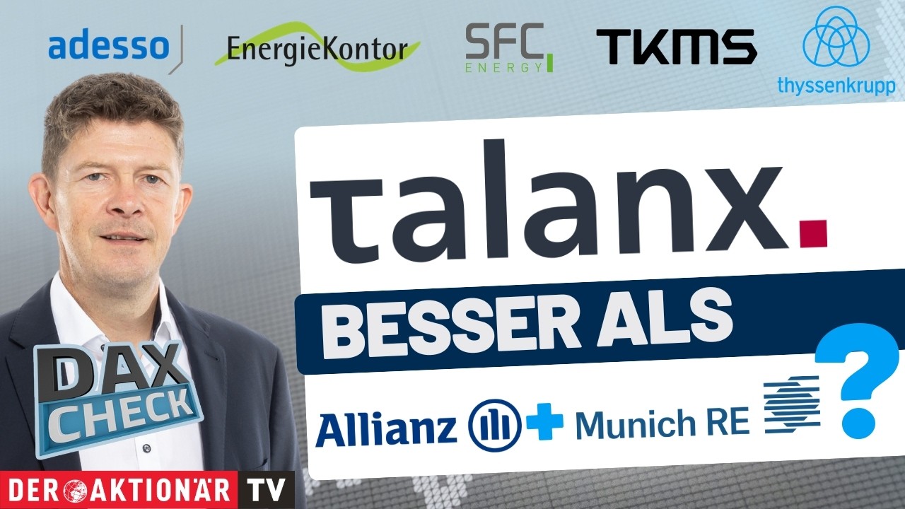 DAX-Check Analyse mit Charts zu TKMS, Talanx und Adesso auf einem Börsenbildschirm