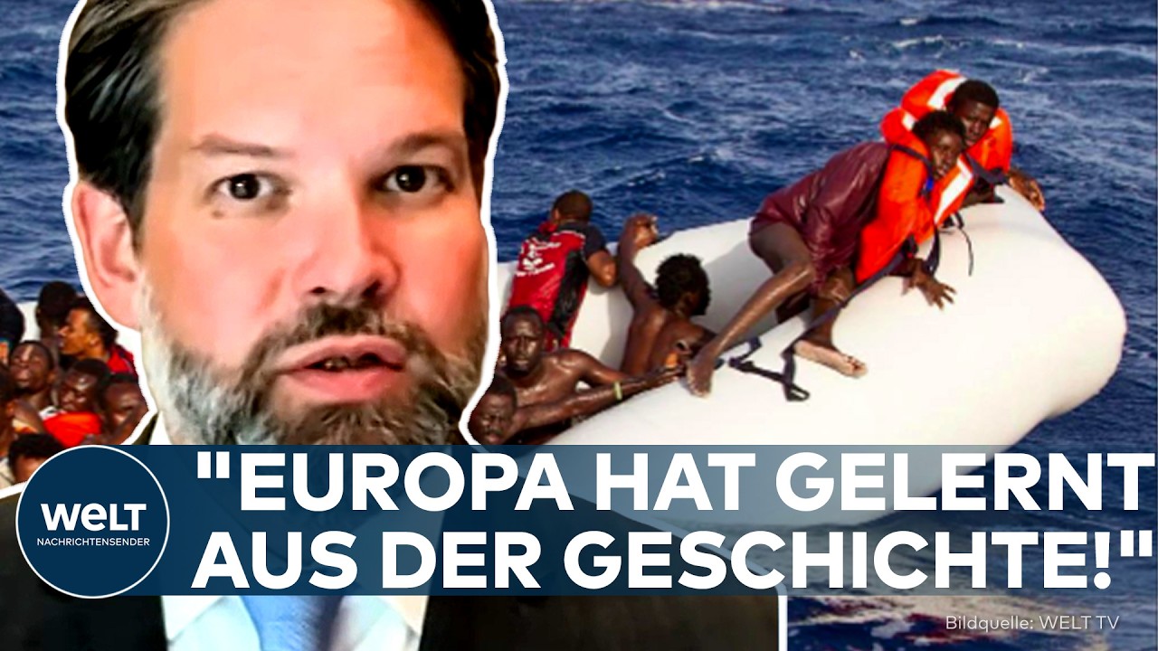 Flüchtlingsboot im Mittelmeer mit EU-Grenzschutz im Hintergrund – Symbol für den EU-Migrationspakt