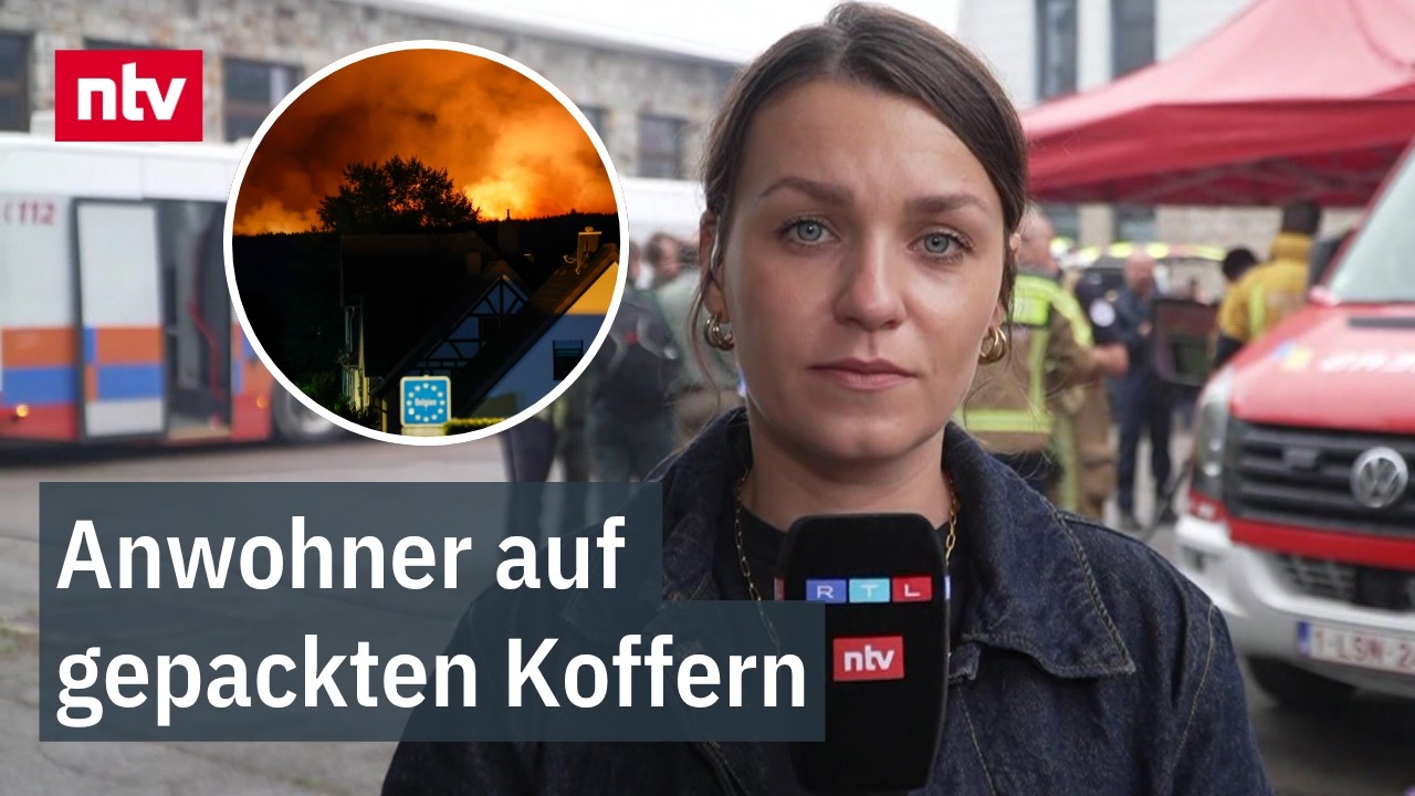 Dichter Rauch steigt über einem Waldgebiet an der deutsch-belgischen Grenze auf – Großbrand Belgien aus der Vogelperspektive