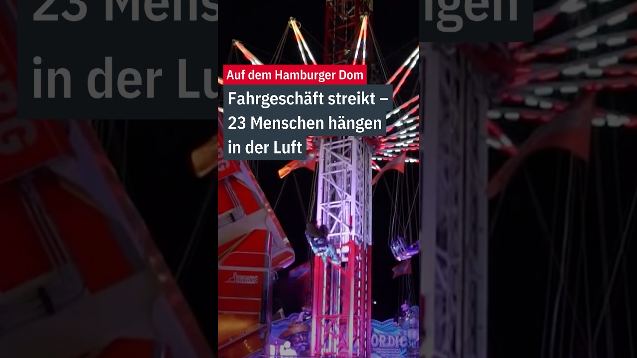Kettenkarussell Panne Hamburger Dom – Kettenkarussell Nordic Tower auf dem Hamburger Dom bei Nacht, Feuerwehr im Einsatz nac…