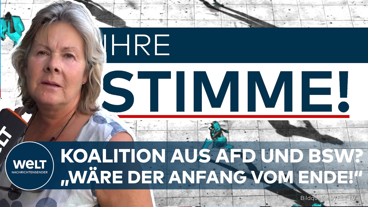 Demonstranten halten Schilder bei einer politischen Kundgebung zur BSW AfD Koalitionsdebatte in Deutschland