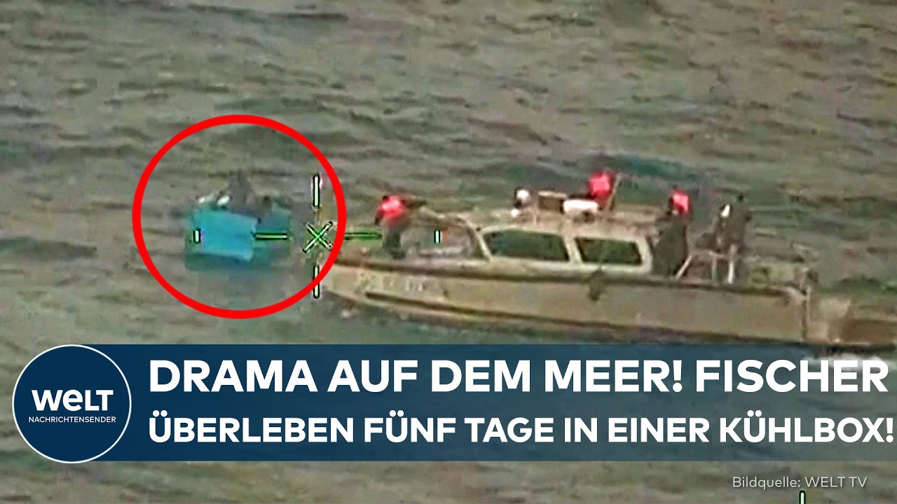 Fischer gerettet – Zwei gerettete Fischer werden nach fünf Tagen auf einer Kühlbox im Pazifik vor Mexiko per Hubschrauber an…