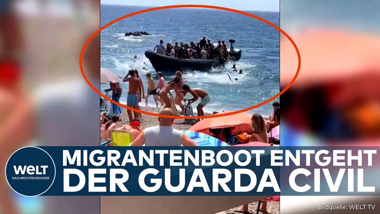 Migrantenboot Spanien – Ein Migrantenboot erreicht einen belebten Badestrand in Spanien, Urlauber stehen am Ufer in Lamanga