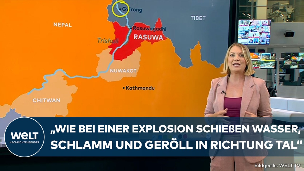 Sturzflut Nepal – Zerstörte Brücken und überflutete Straßen nach der Sturzflut in Nepal im Grenzgebiet zu Tibet