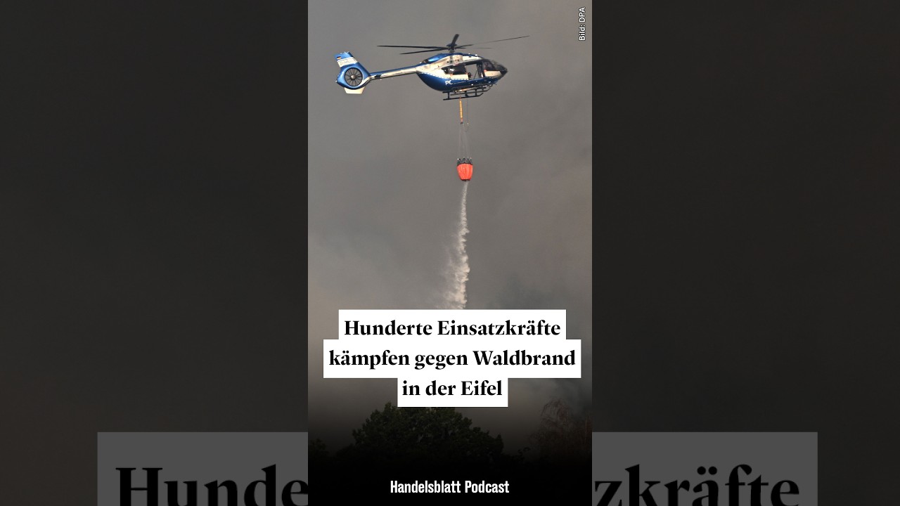 Löschhubschrauber der Bundeswehr über brennendem Wald beim Waldbrand Hürtgenwald nahe der belgischen Grenze