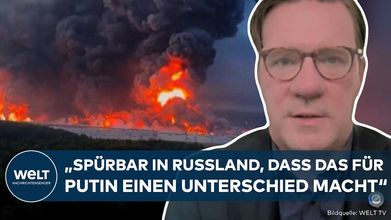 Ukrainekrieg Angriffe Russland – Rauchsäule über einem russischen Logistiklager nach ukrainischen Drohnenangriffen im Ukrain…