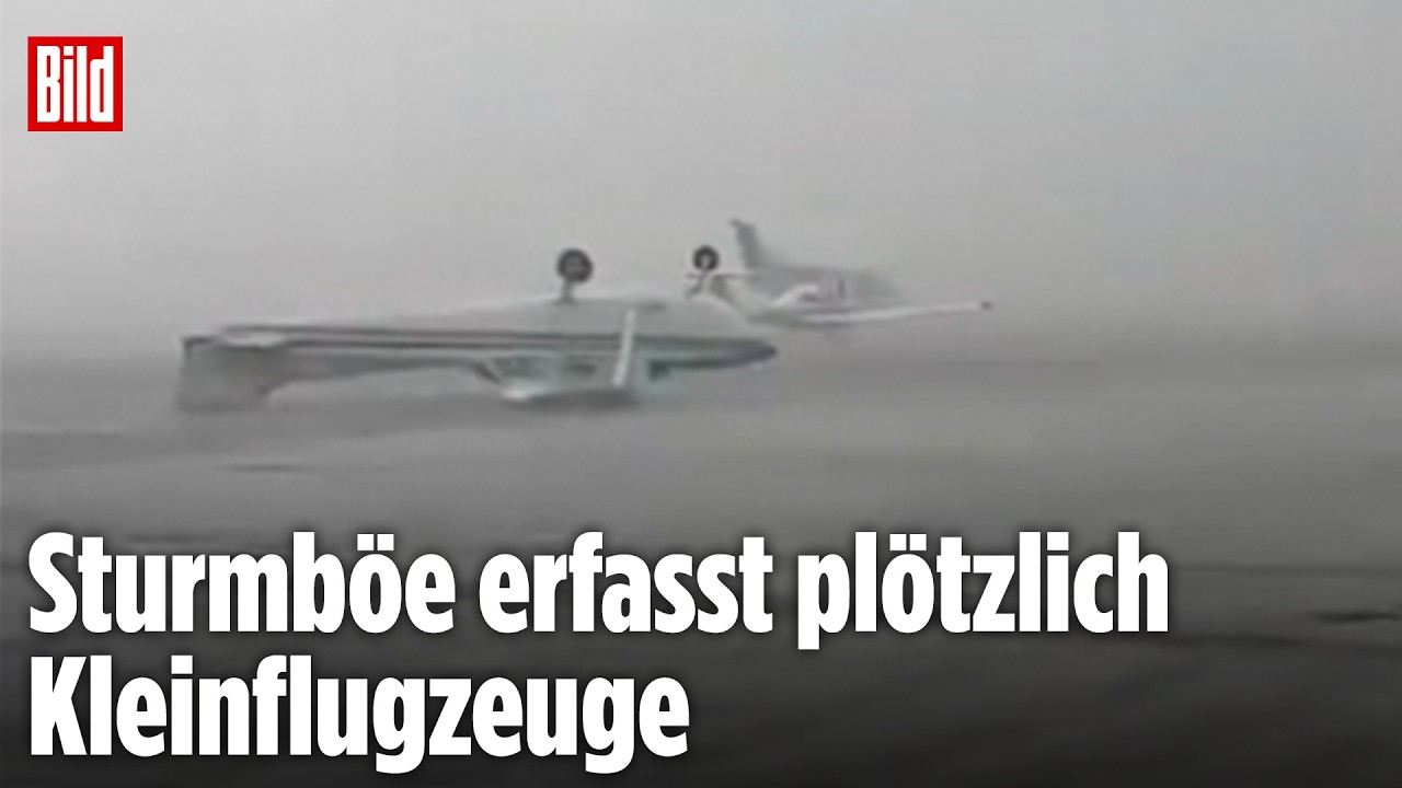 Unwetter Italien – Kleinflugzeug auf einem italienischen Flughafen nach schwerem Unwetter in Italien durch Sturmböen verscho…