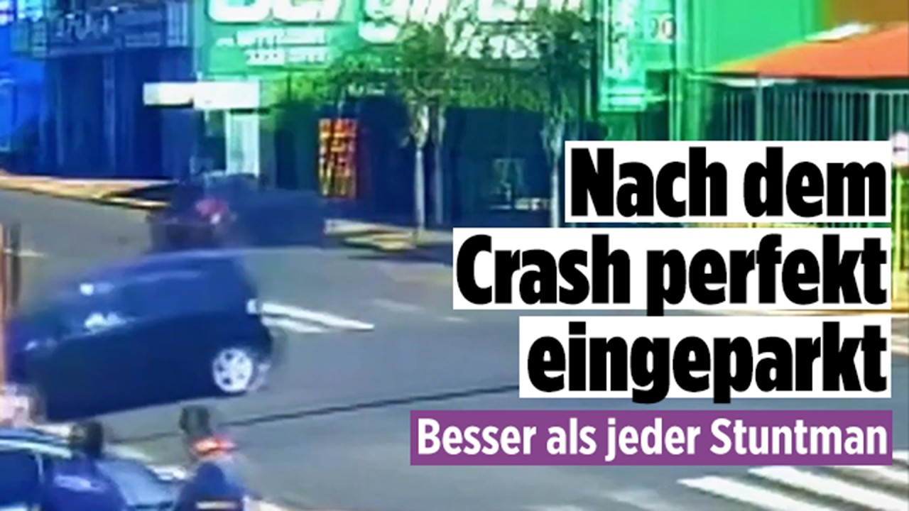 Auto-Crash Punktlandung – Verunfalltes Auto parkt nach Auto-Crash millimetergenau zwischen zwei Fahrzeugen in einer Werkstat…