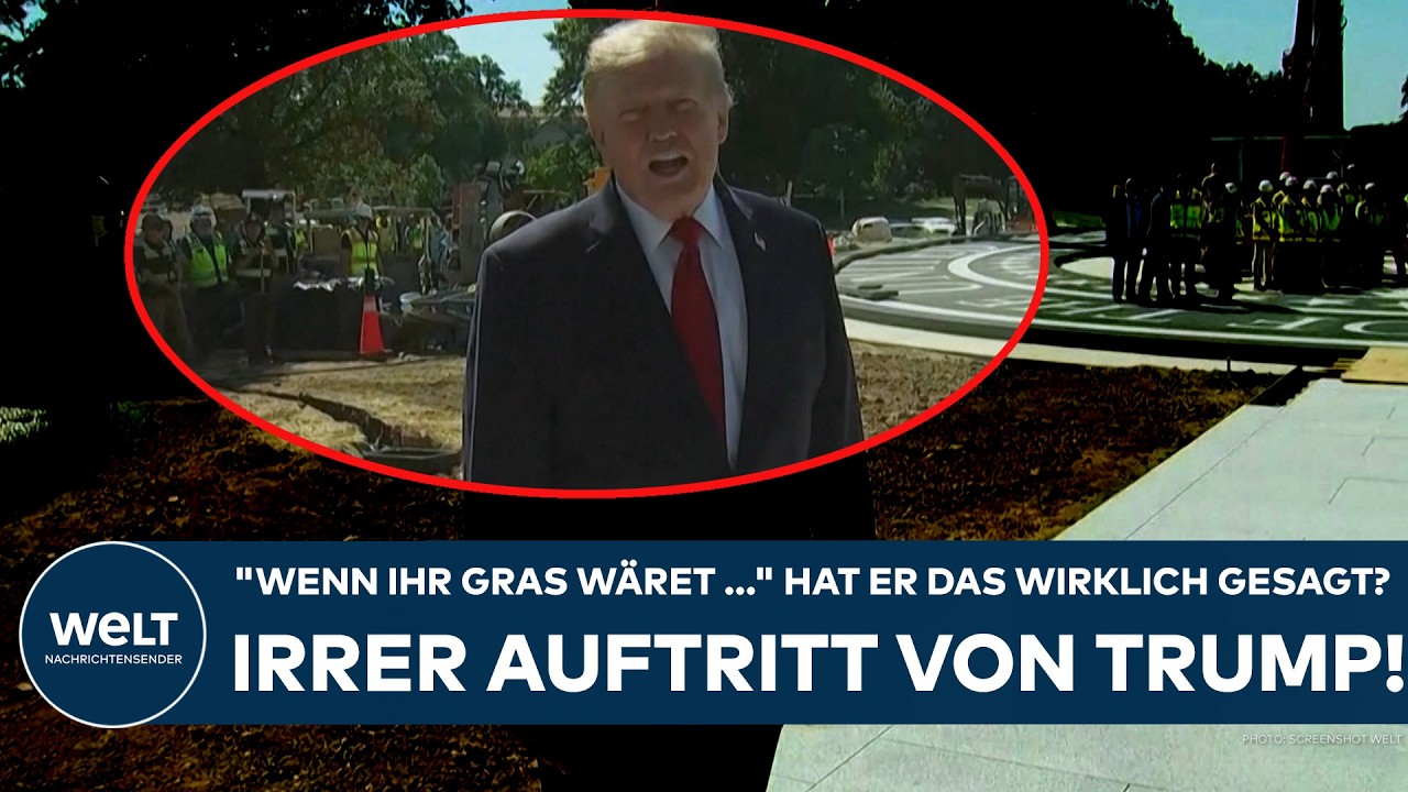 Donald Trump vor dem Weißen Haus – im Hintergrund Flaggenmasten, Thema US-Staatsverschuldung