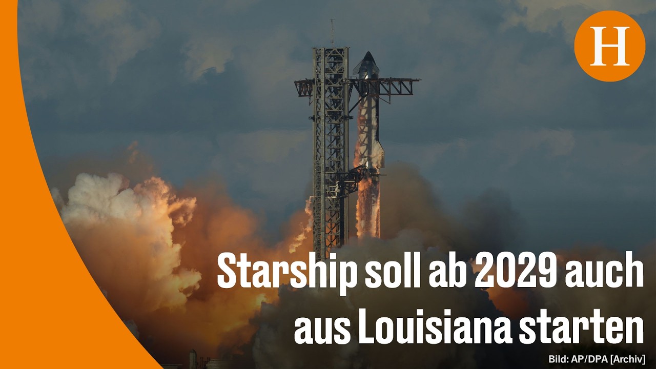 Visualisierung des geplanten SpaceX Starbase Louisiana Raketenstartplatzes mit Starship-Rakete auf dem Startturm