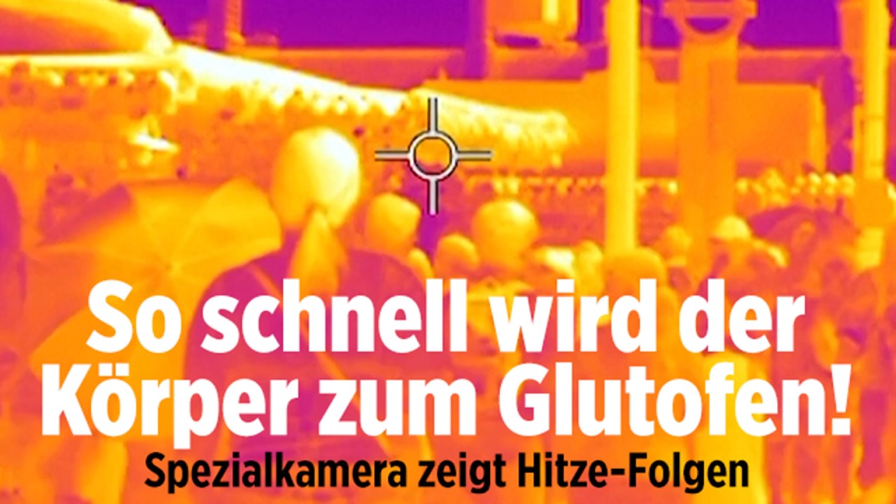 Hitzewelle London – Wärmebildaufnahme aus London während der Hitzewelle – Menschen und Straßen leuchten bei 40 Grad Celsius …