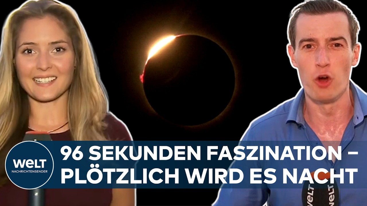 Beobachter schauen mit Schutzbrille in den Himmel während der totalen Sonnenfinsternis 2026 mit sichtbarem Coronakranz