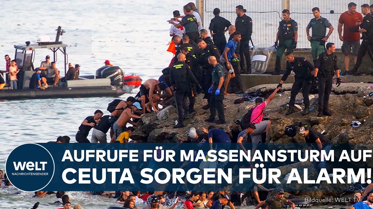 Massenansturm Ceuta – Menschenmassen an der Grenzanlage von Ceuta – Massenansturm von Migranten auf die spanische Exklave