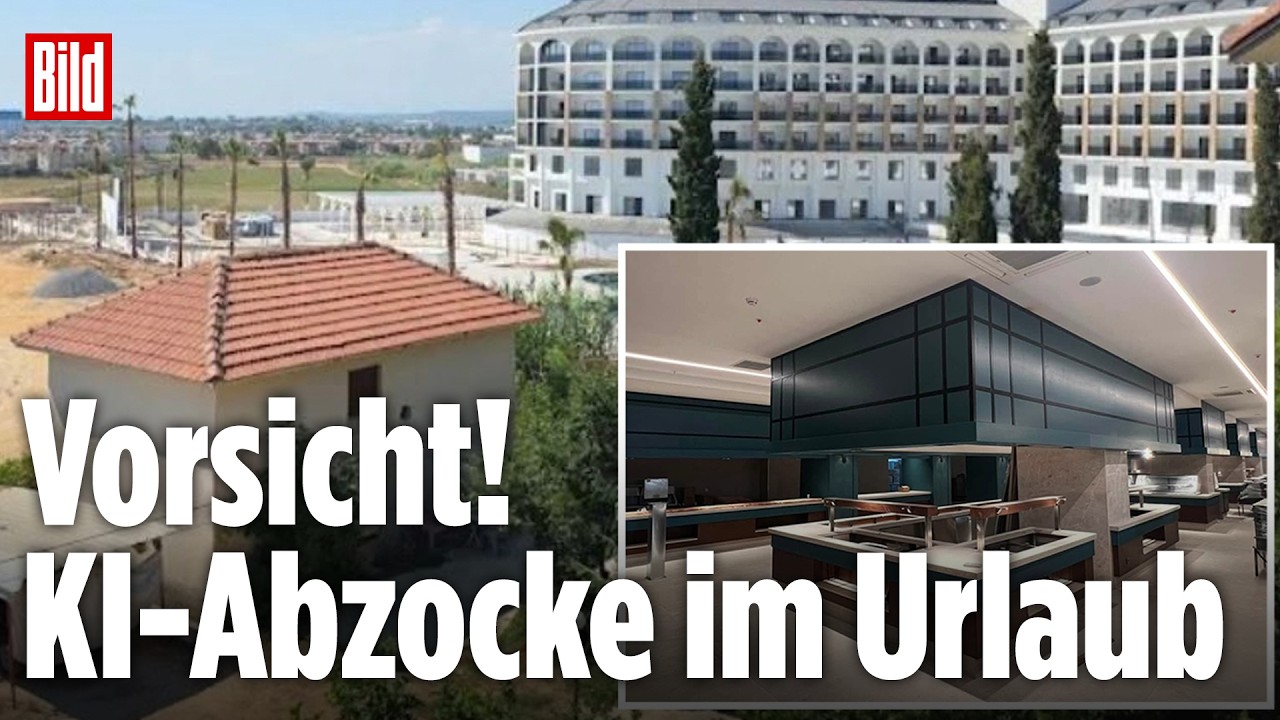 KI-Hotelfalle – Urlauber betrachtet KI-Hotelfoto auf Tablet – täuschend echtes Bild eines nicht fertiggestellten Hotels