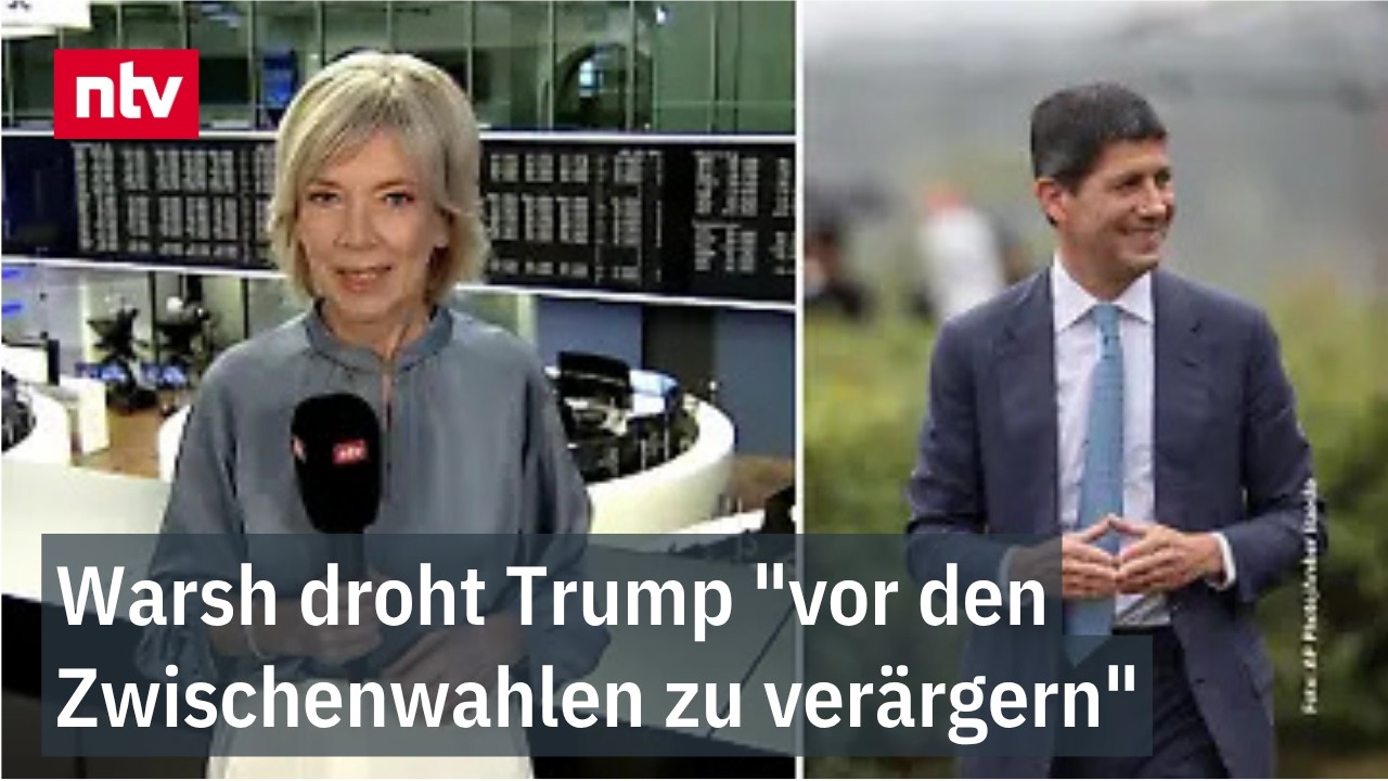 Zinserhöhung USA – Fed-Chef Kevin Warsh spricht über Zinserhöhung in den USA, im Hintergrund ein Börsenticker mit fallenden …