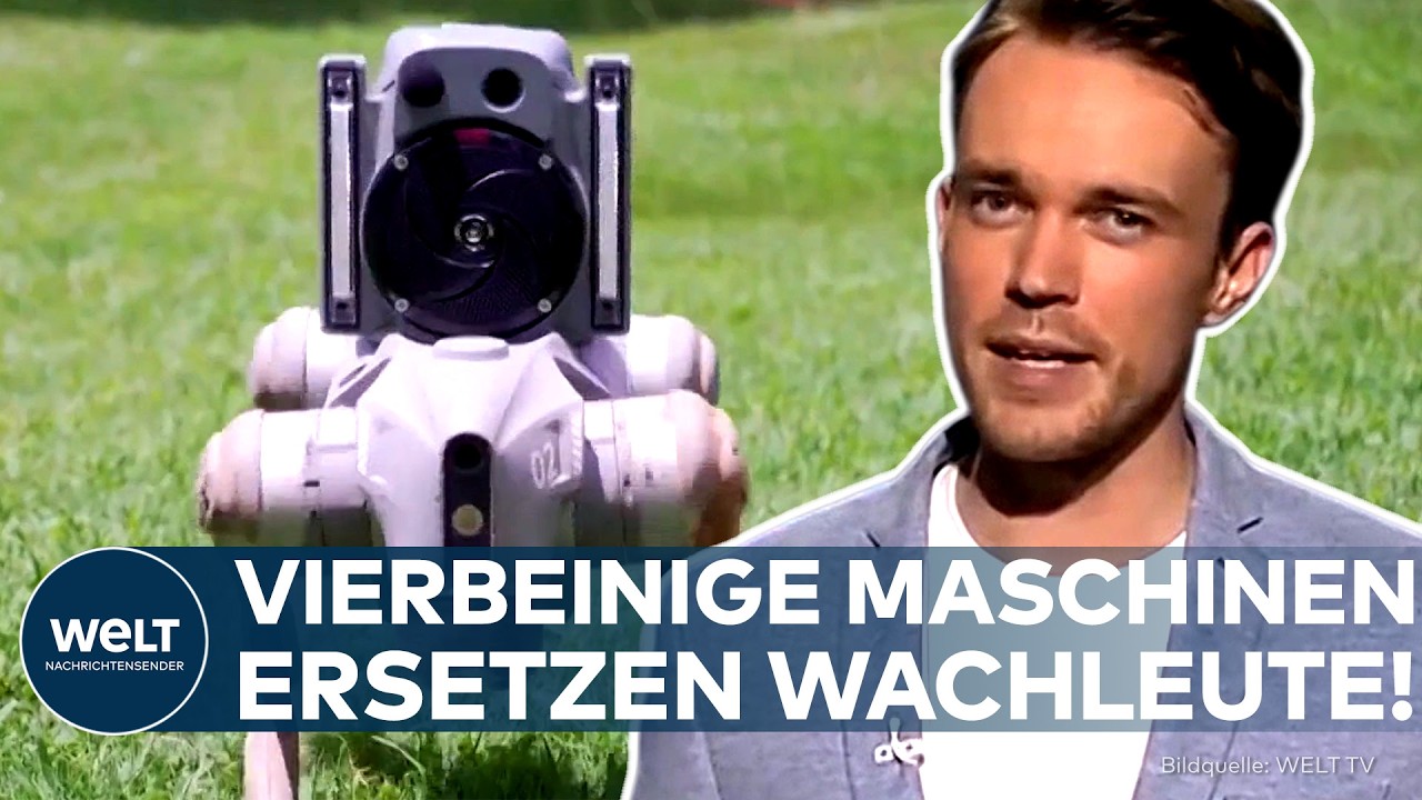 Vierbeiniger Roboterhund mit Security-Aufschrift patrouilliert nachts auf einem Parkplatz – Roboterhund Sicherheit im Einsatz