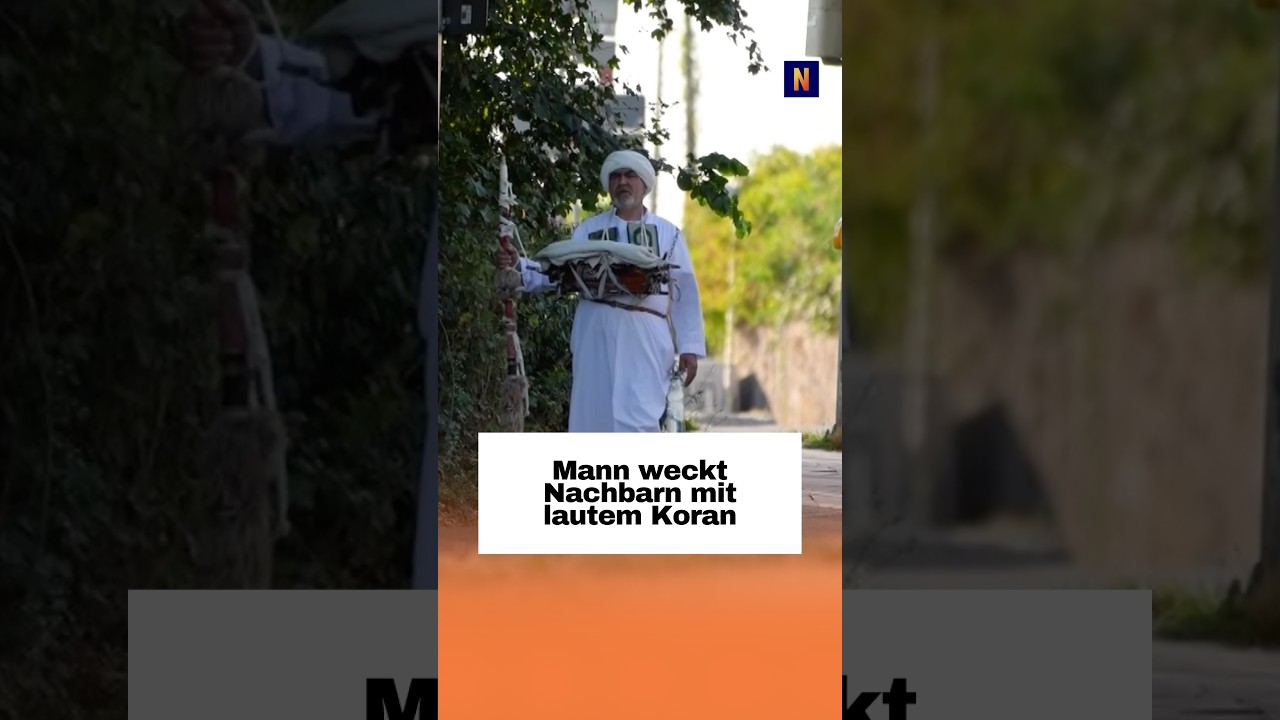 Koranrezitation Nachbarn – Mann auf Fahrrad rezitiert laut Koranverse in Wohngebiet, Anwohner schauen aus Fenstern