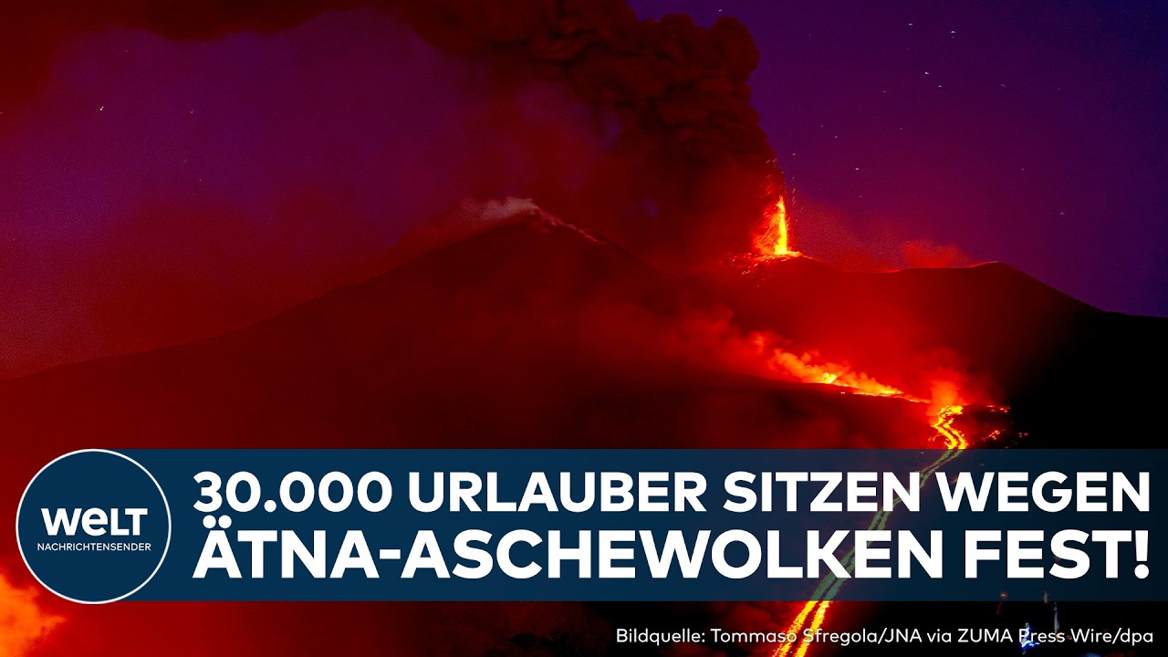Rauch- und Aschewolke über dem Vulkan Ätna auf Sizilien beim aktuellen Ätna-Ausbruch