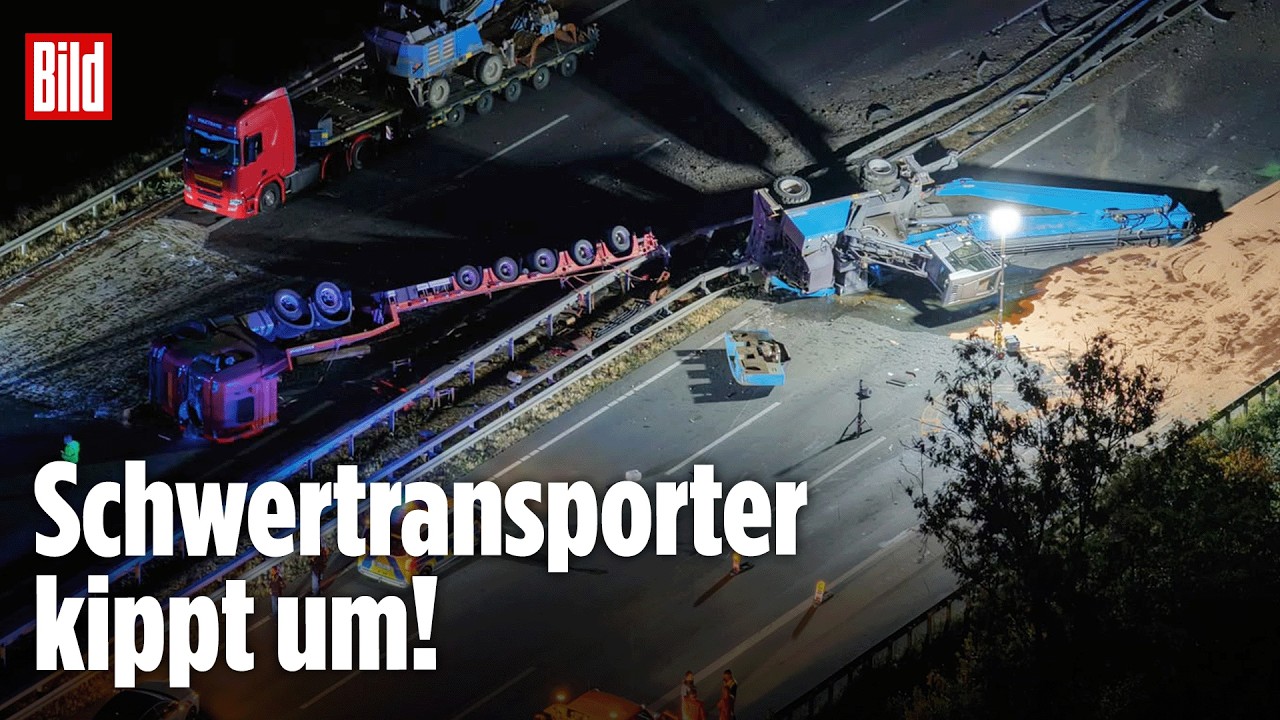 Umgekippter Schwertransporter mit Baukran blockiert die Autobahn A2 nach A2-Vollsperrung