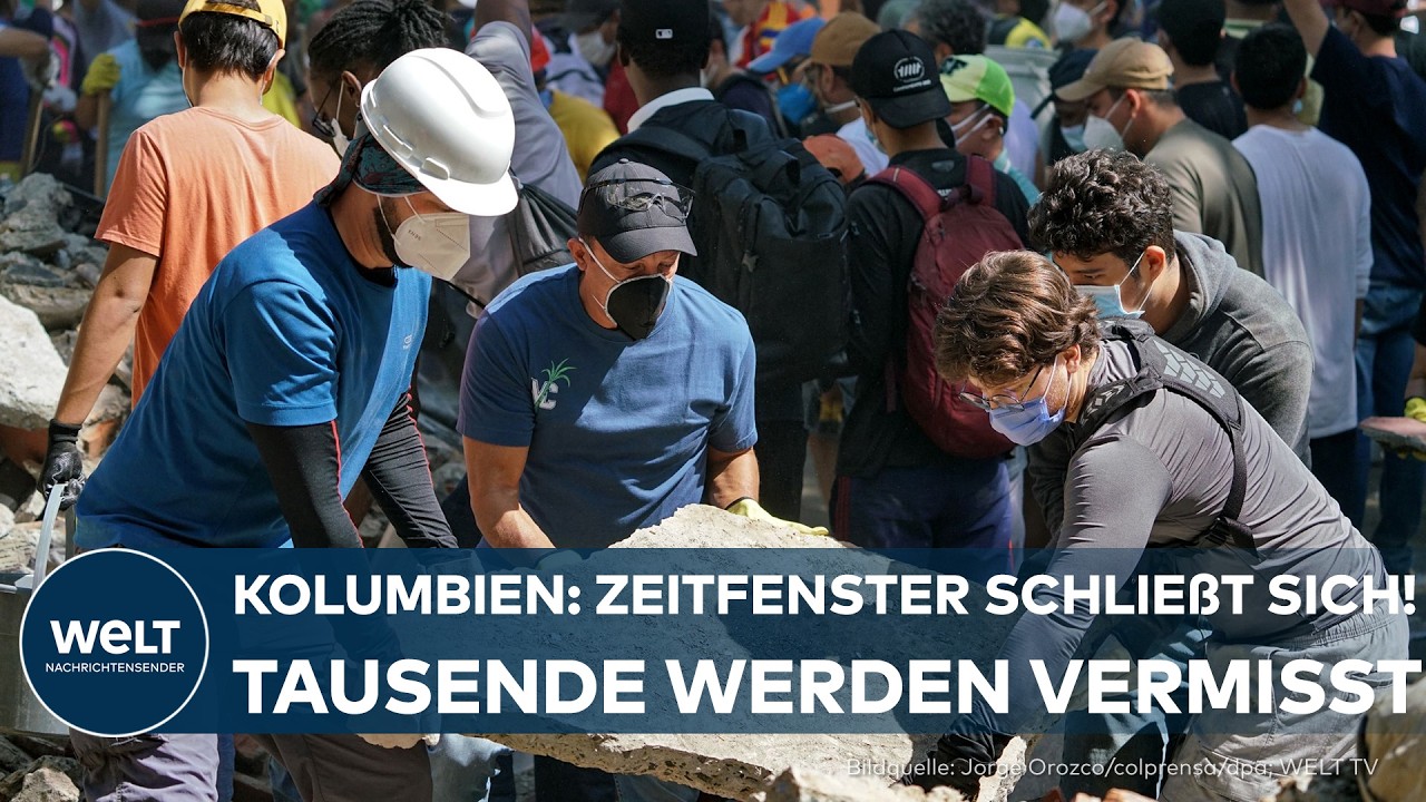 Rettungskräfte suchen nach dem Erdbeben Kolumbien in Trümmern eines eingestürzten Gebäudes nach Überlebenden